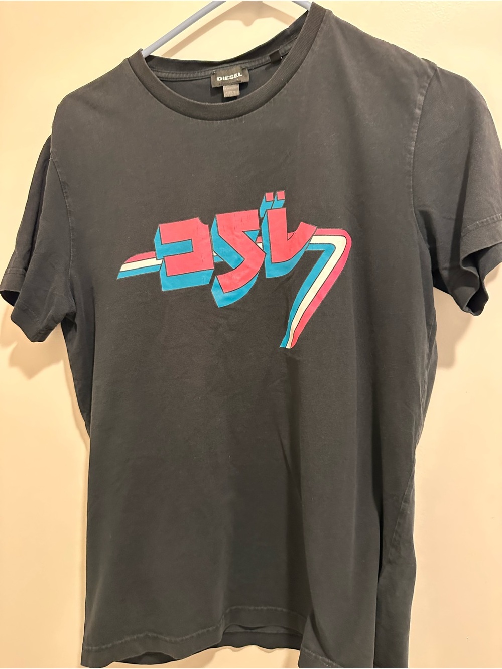 Diesel Black Tee with Pink & Blue Graphic